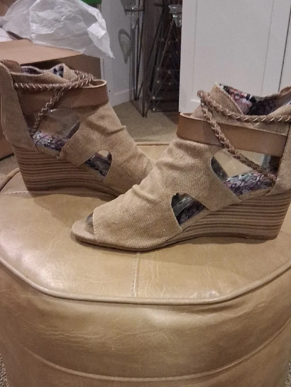 BLOWFISH Women's Tan Wedge Sandals with Braided Strap